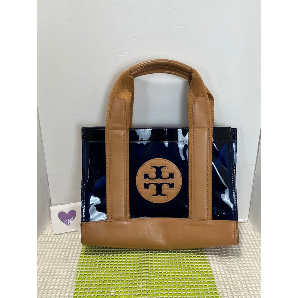Tory Burch Jesse Mini Tote Surf Blue Navy Tan Leather Handbag New imperfection
